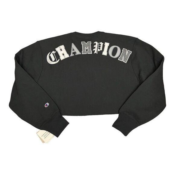 Champion Sweatshirt WMNS XL Black Crop Cut Off Reverse‎ Weave Silver Old English - Picture 2 of 11